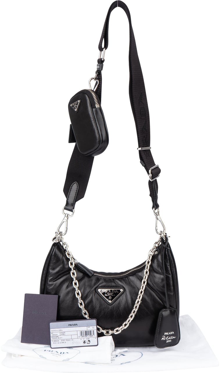 Prada Soft Leather Triangle Re-Edition Crossbody Bag Zwart