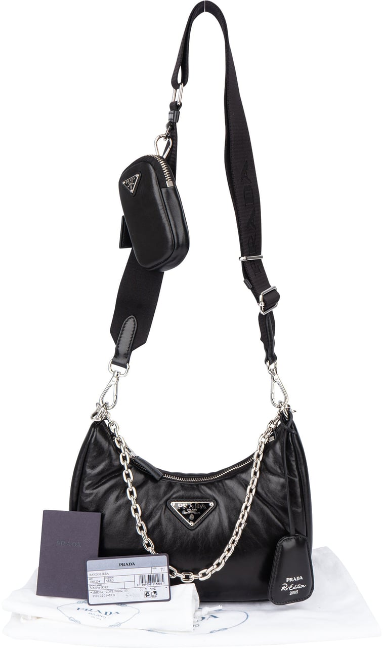 Prada Prada Soft Leather Triangle Re-Edition Crossbody Bag Zwart