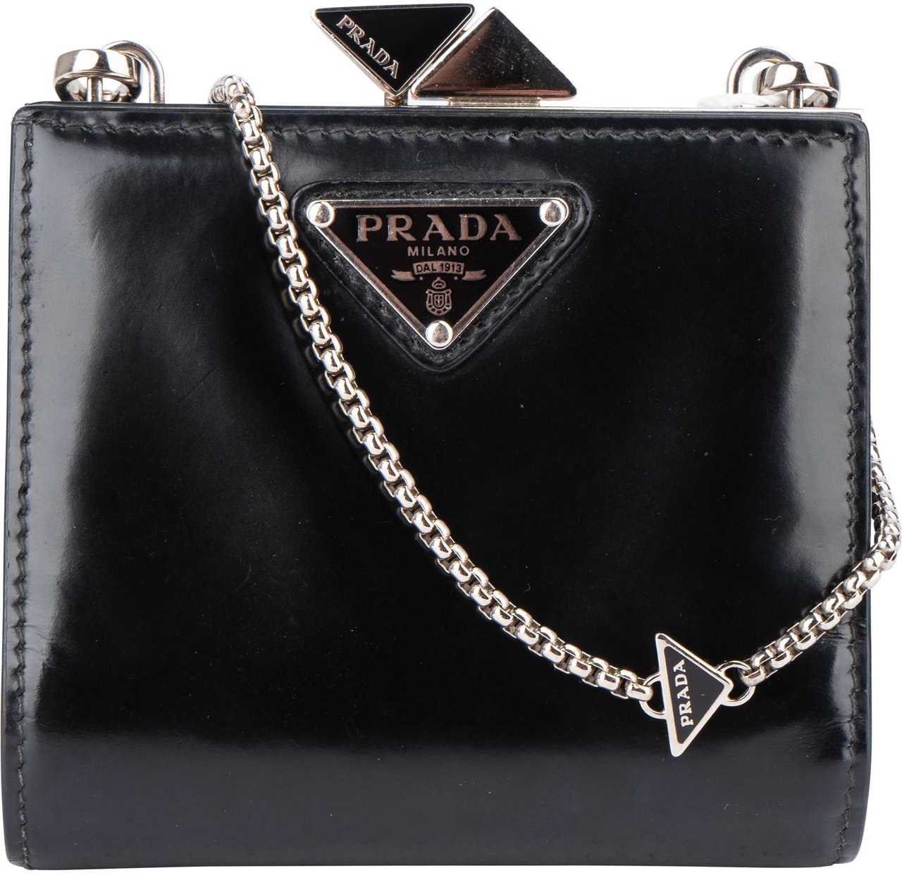 Prada Prada Patent Leather Triangle Wallet On Chain Zwart