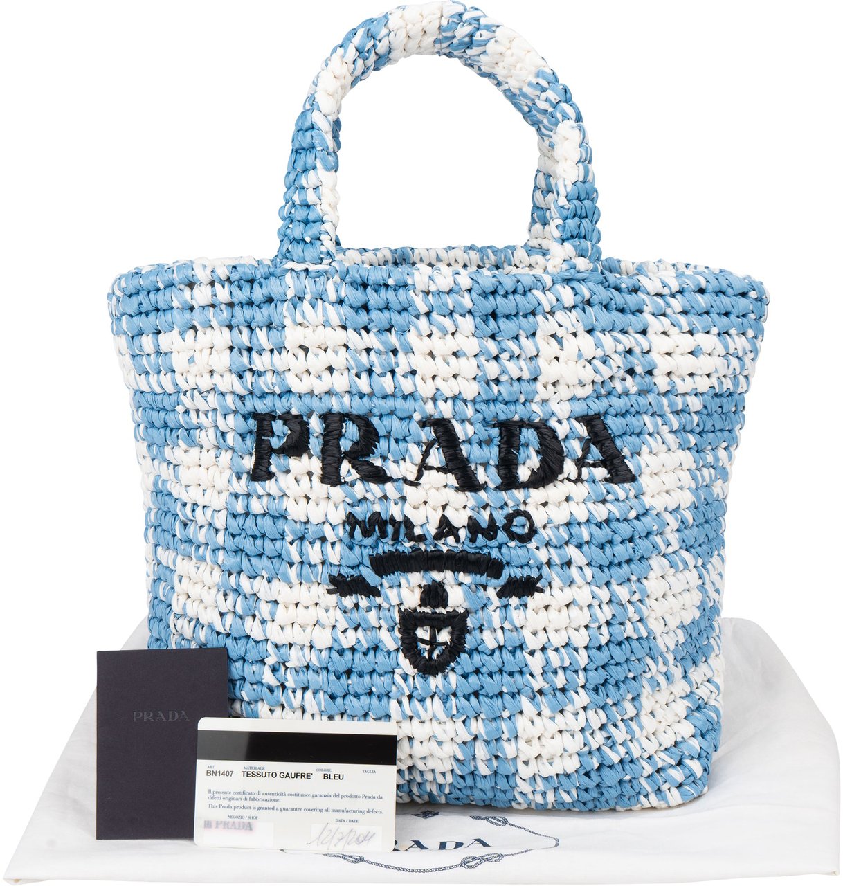 Prada Blue Gaufre Raffia Handbag Blauw