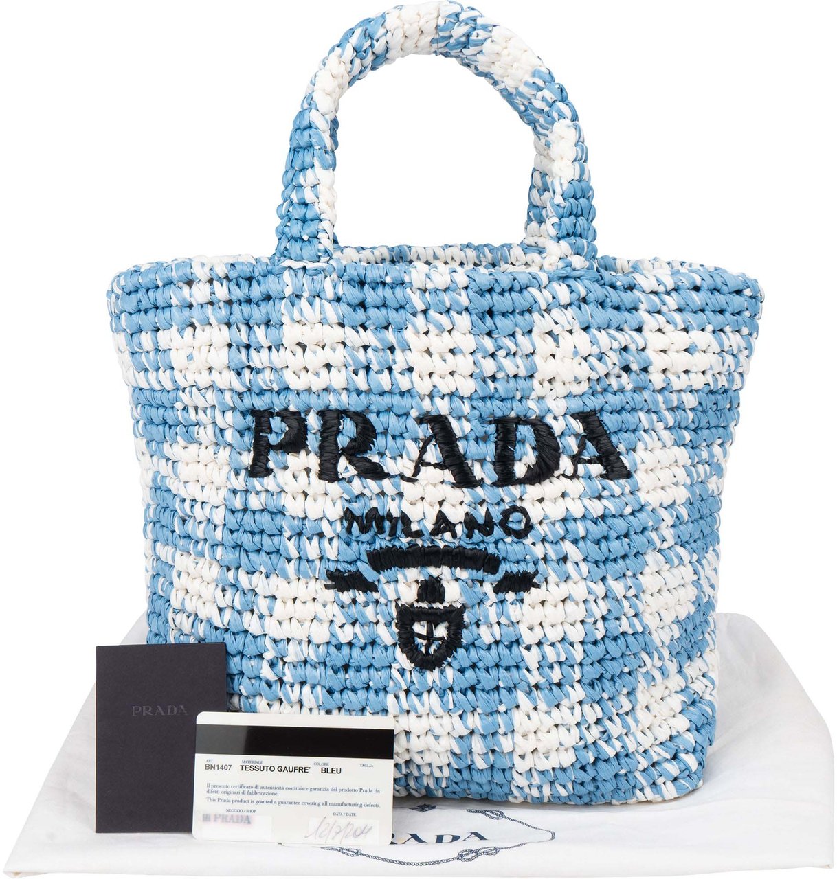Prada Blue Gaufre Raffia Handbag Blauw