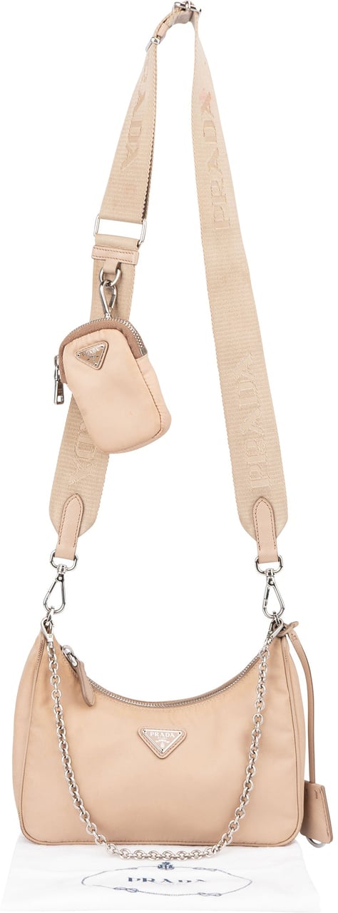 Prada Nylon Triangle Re-Edition Crossbody Bag Beige
