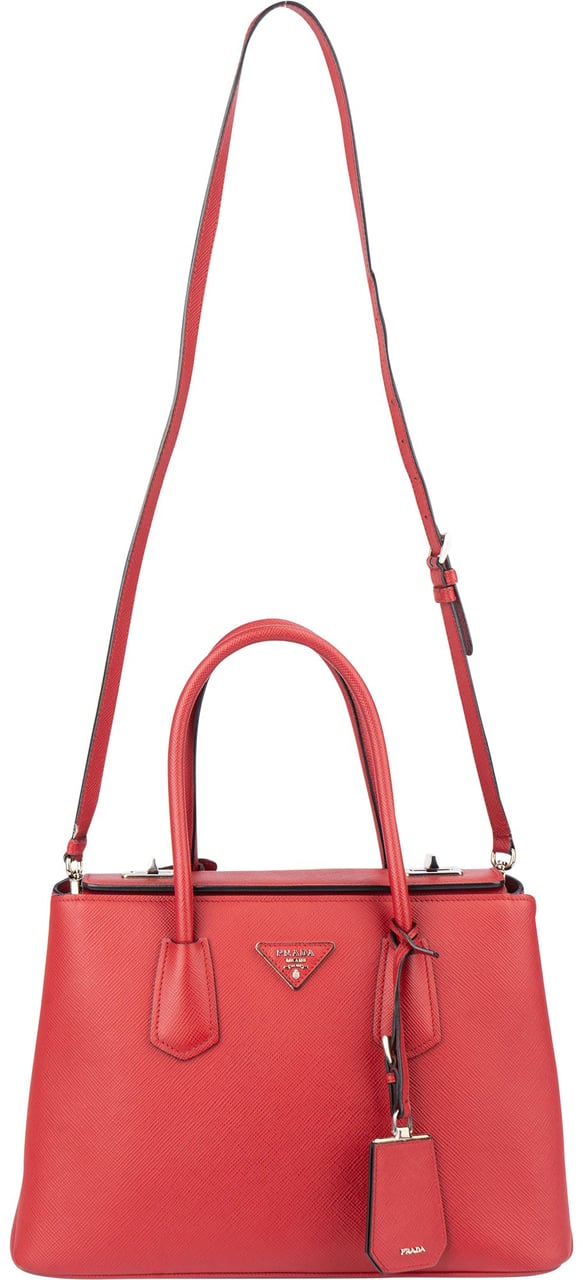 Prada Red Saffiano Leather Turnlock Double Handbag Rood