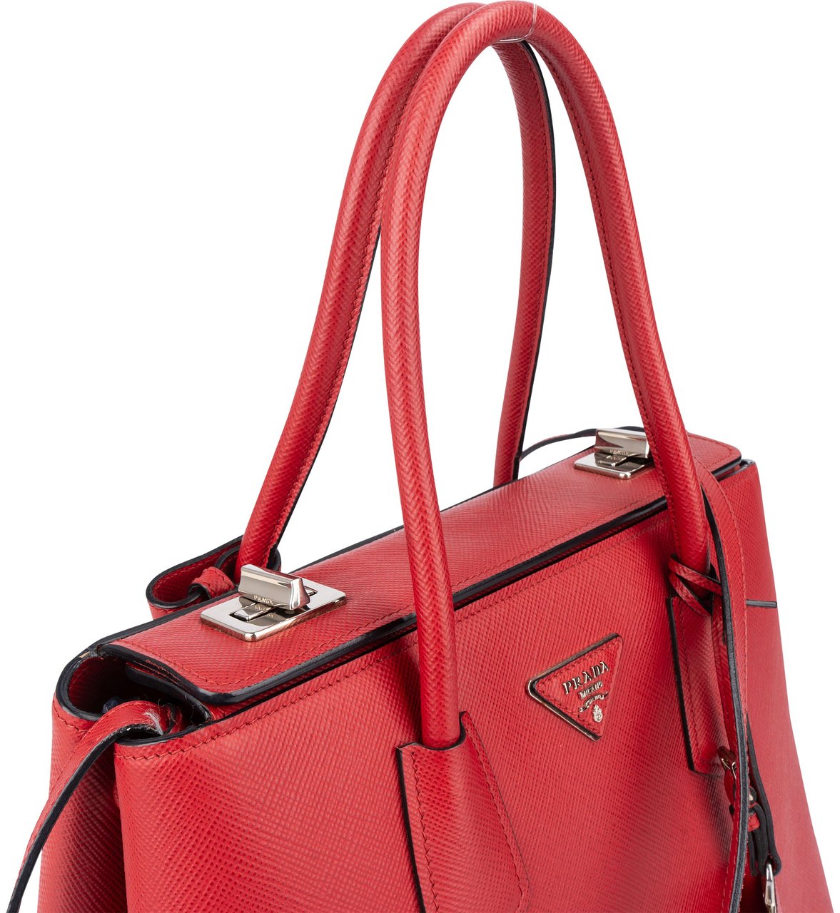 Prada Red Saffiano Leather Turnlock Double Handbag Rood