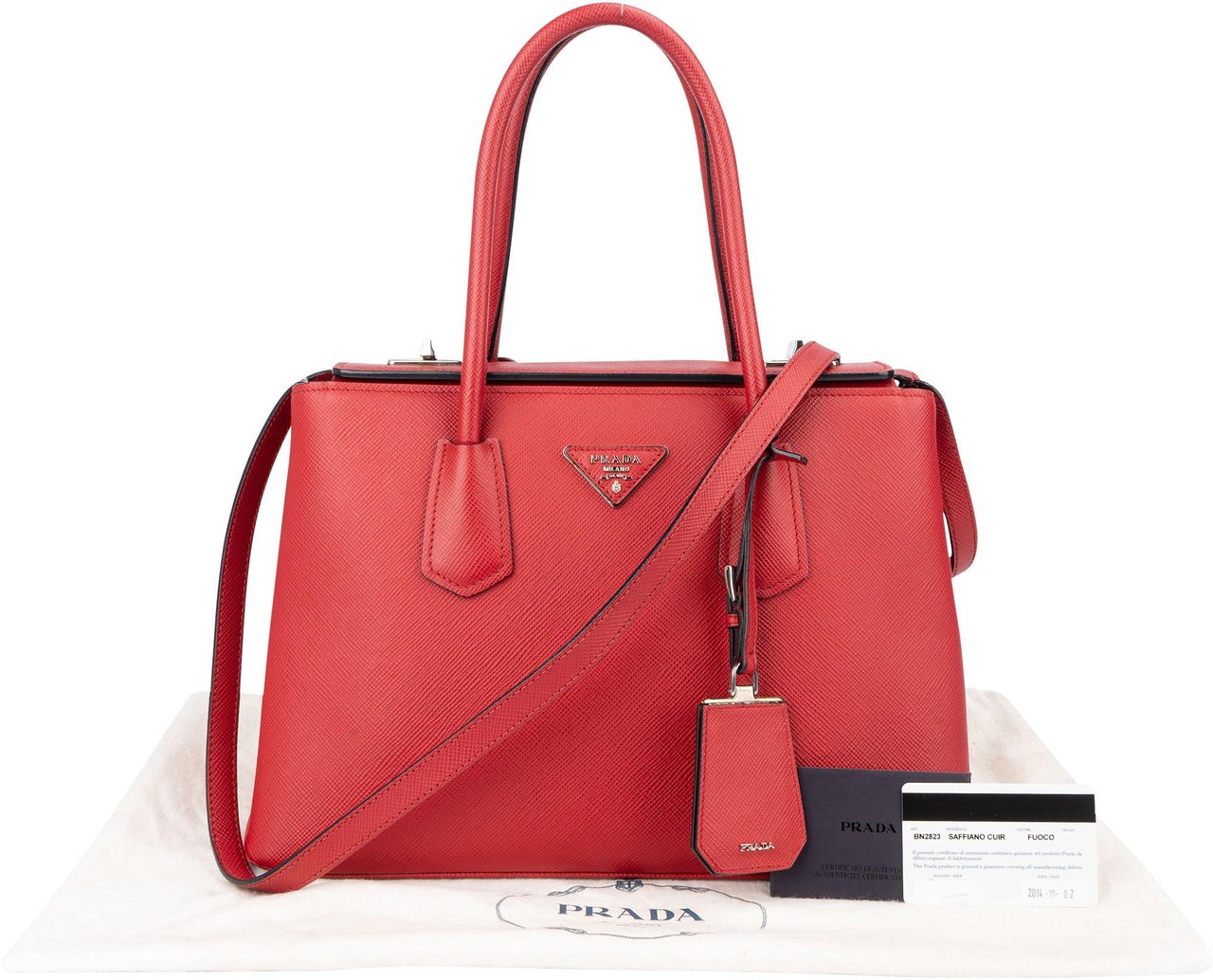 Prada Prada Red Saffiano Leather Turnlock Double Handbag Rood