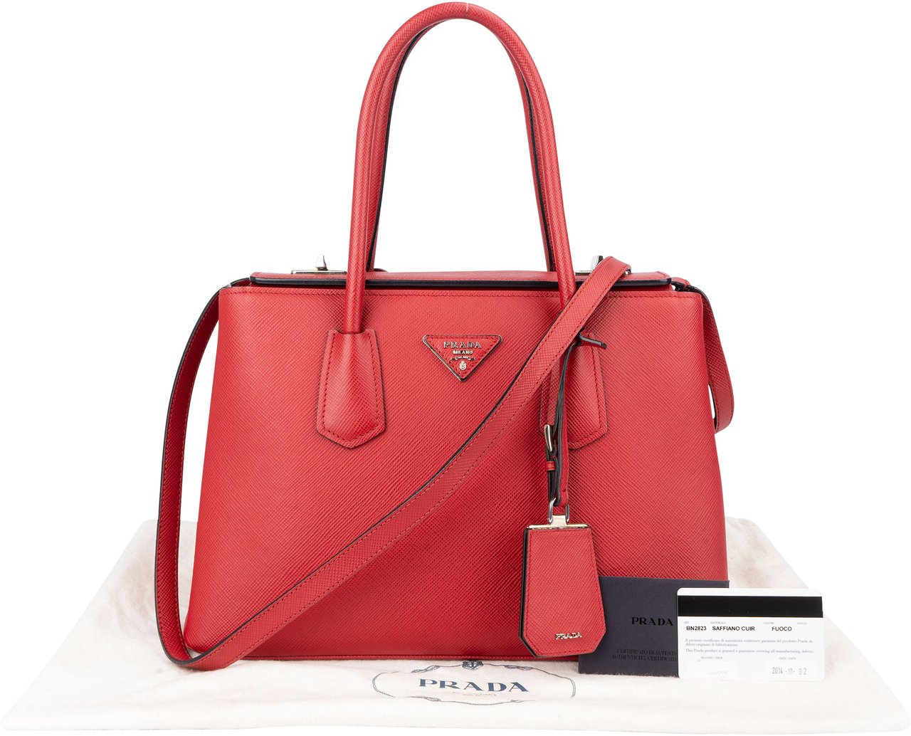 Prada Red Saffiano Leather Turnlock Double Handbag Rood