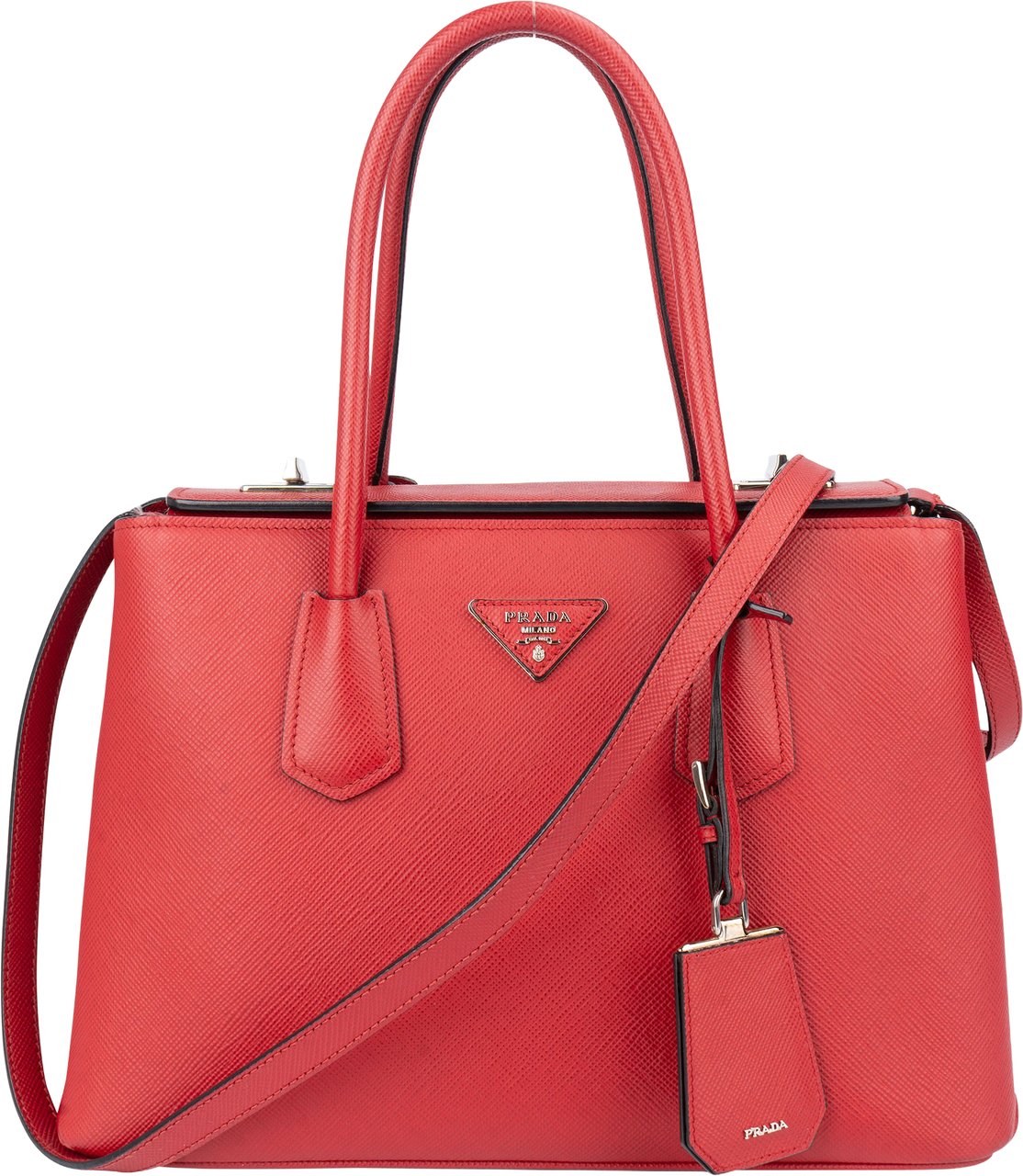 Prada Red Saffiano Leather Turnlock Double Handbag Rood