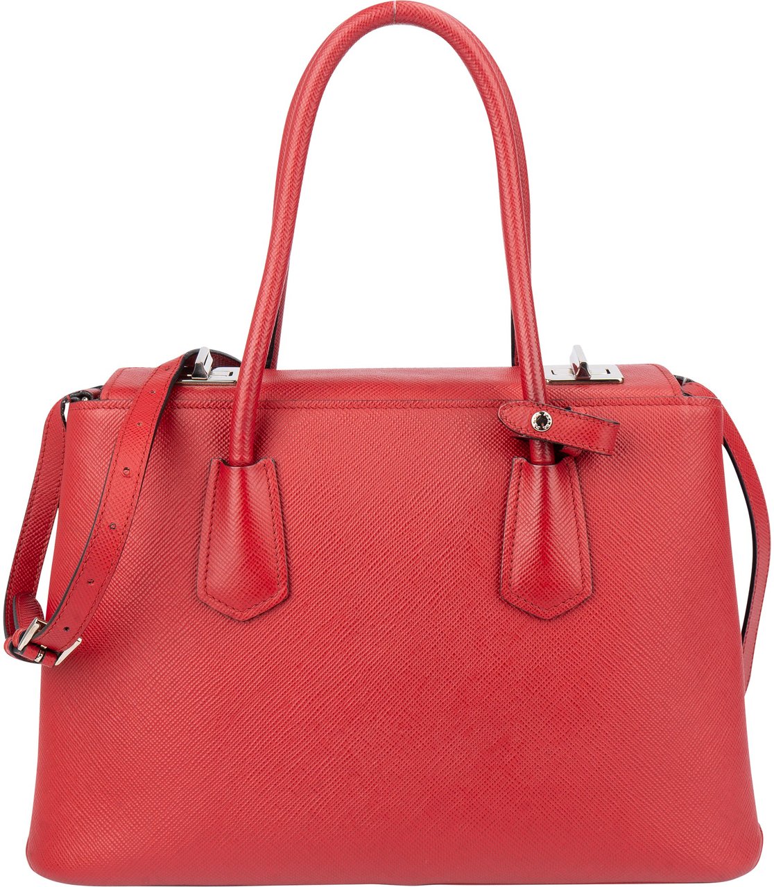 Prada Red Saffiano Leather Turnlock Double Handbag Rood