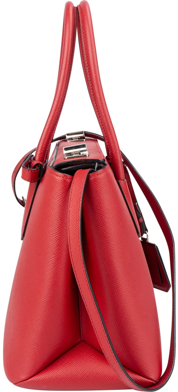 Prada Red Saffiano Leather Turnlock Double Handbag Rood