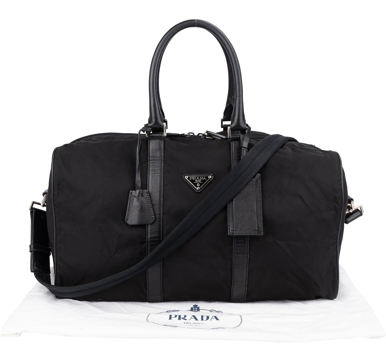 Prada Prada Black Nylon Triangle Duffle Bag 50 Zwart