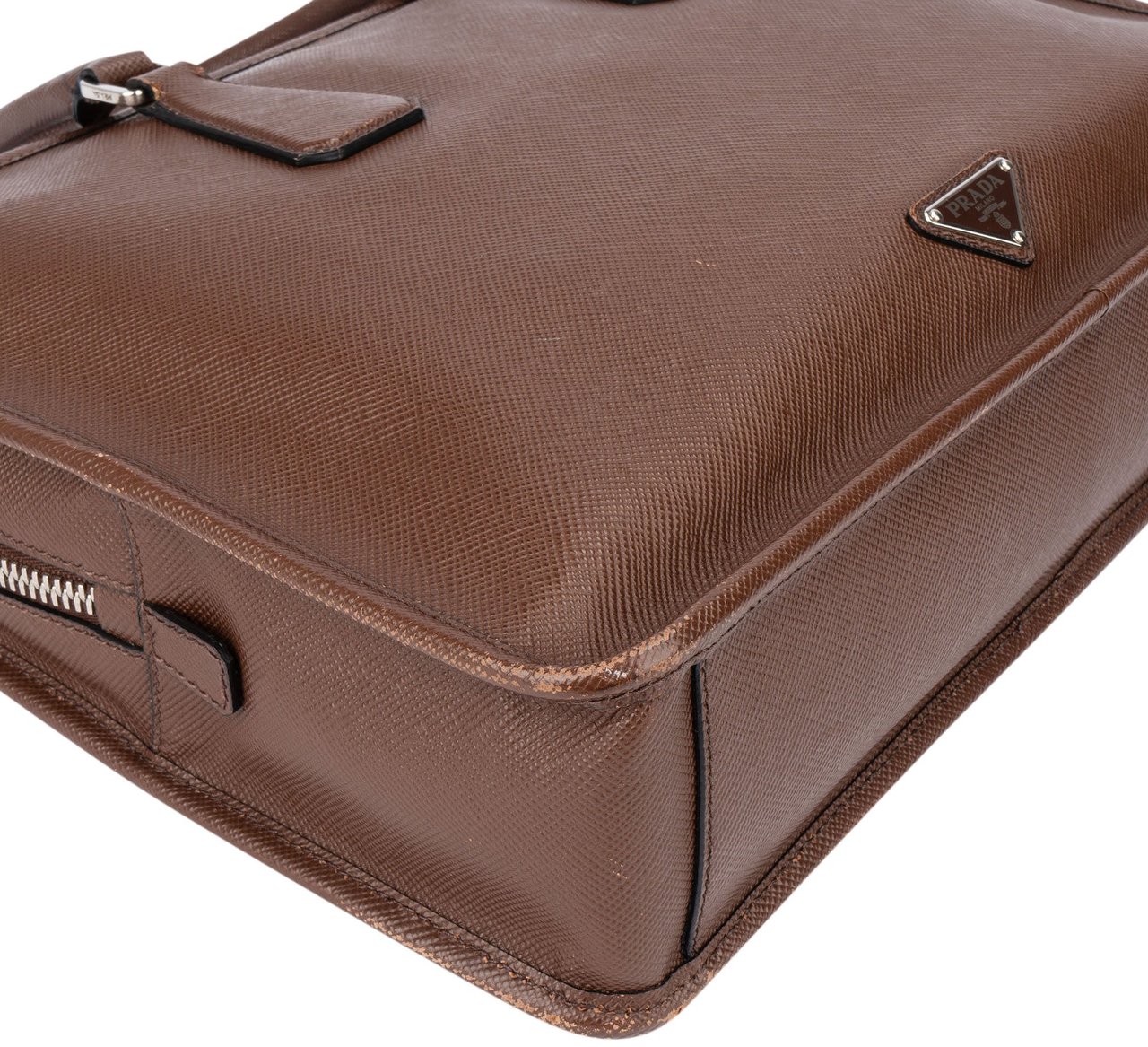 Prada Brown Saffiano Leather Triangle Business Handbag Bruin