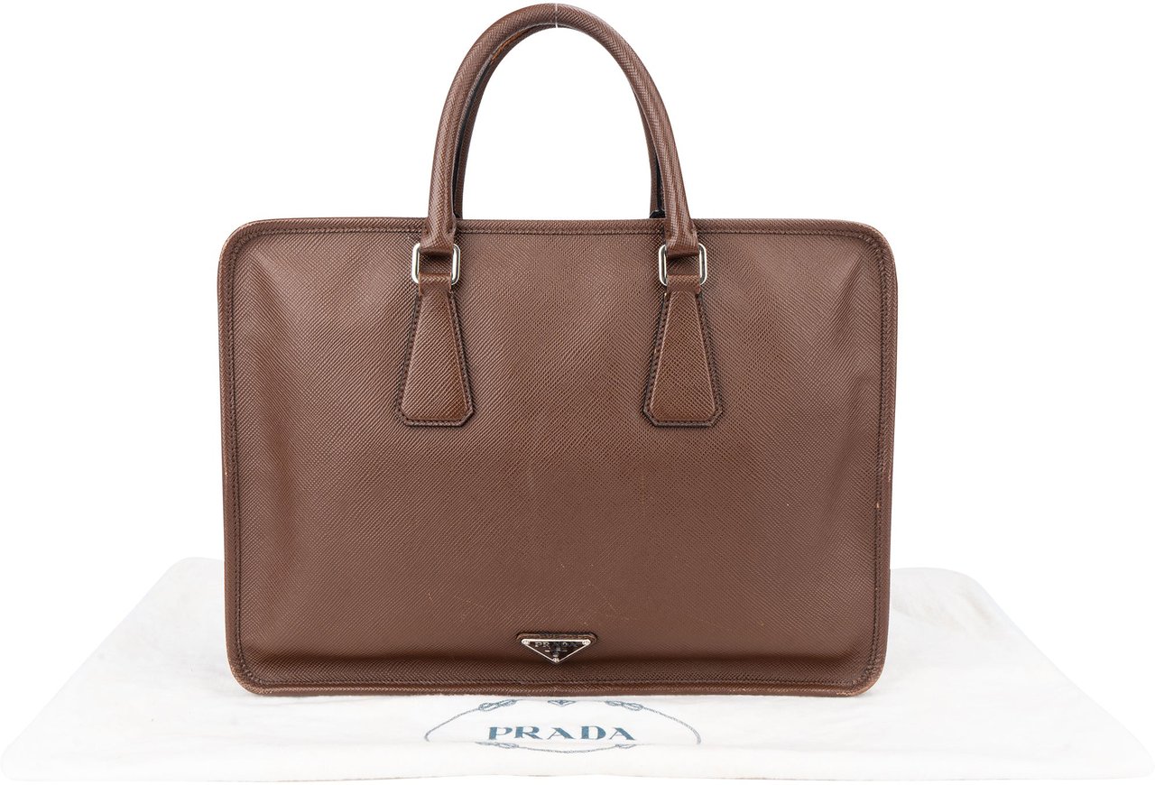 Prada Prada Brown Saffiano Leather Triangle Business Handbag Bruin