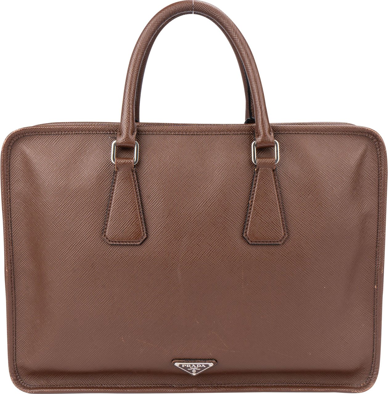 Prada Brown Saffiano Leather Triangle Business Handbag Bruin