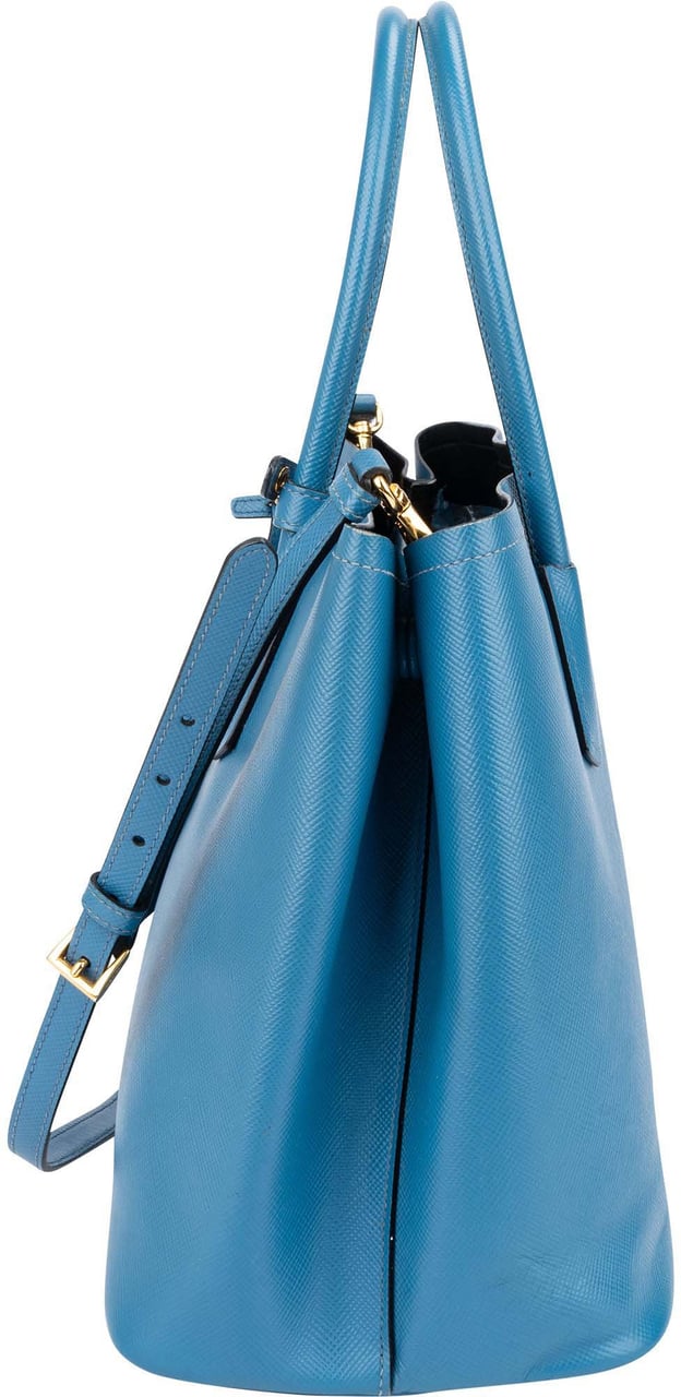 Prada Prada Blue Saffiano Leather Double Handbag Blauw