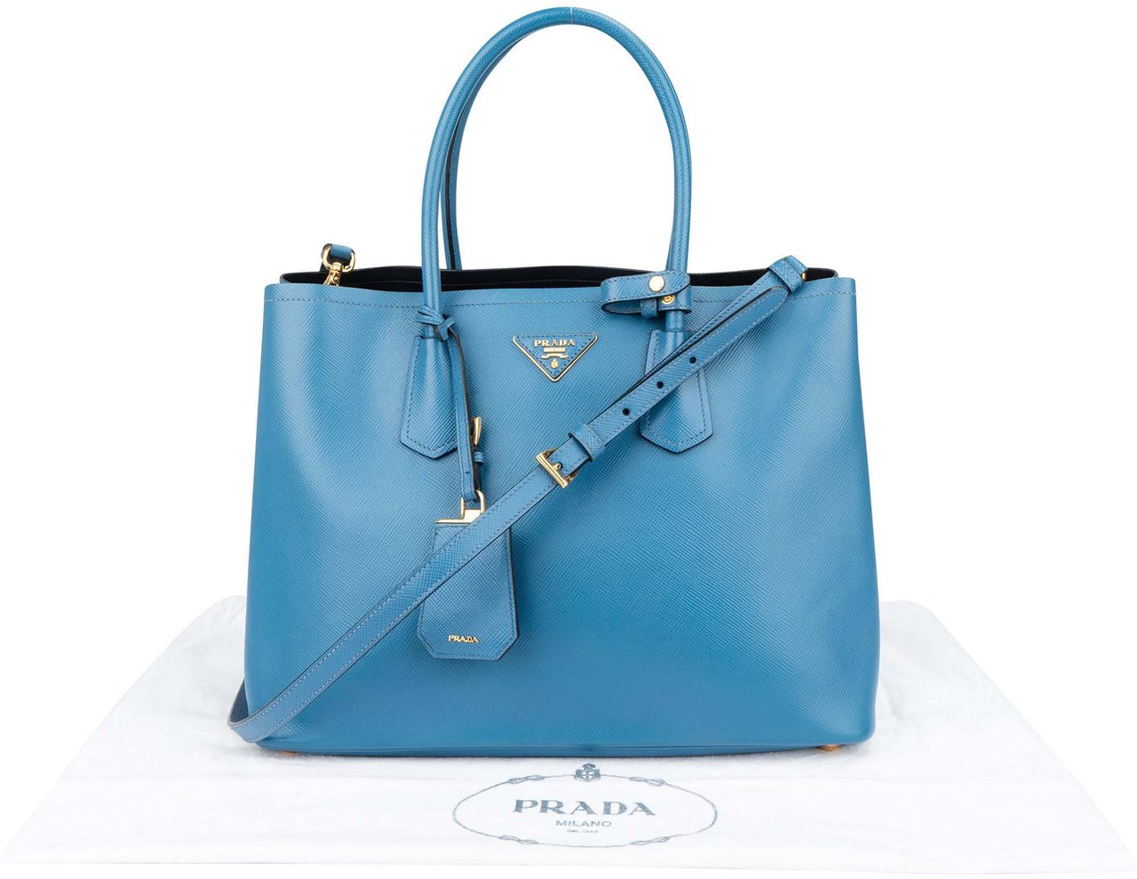 Prada Prada Blue Saffiano Leather Double Handbag Blauw