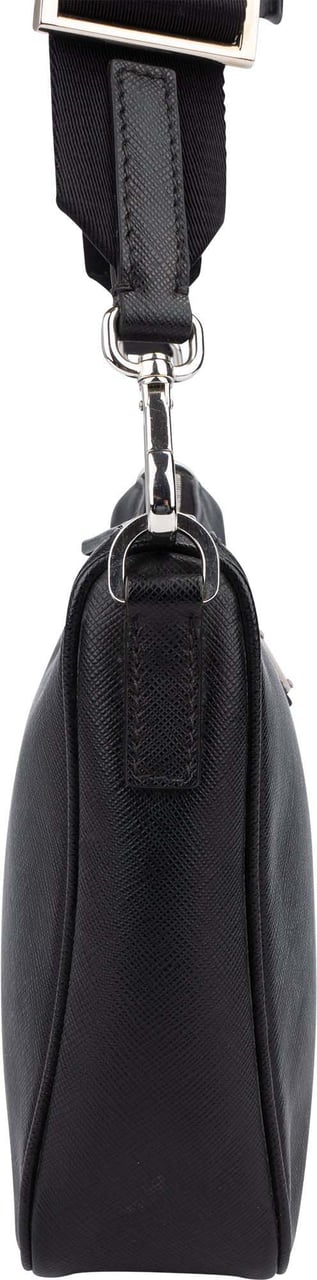 Prada Prada Black Saffiano Leather Triangle Vitello Crossbody Bag Zwart