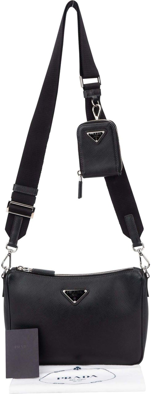 Prada Prada Black Saffiano Leather Triangle Vitello Crossbody Bag Zwart