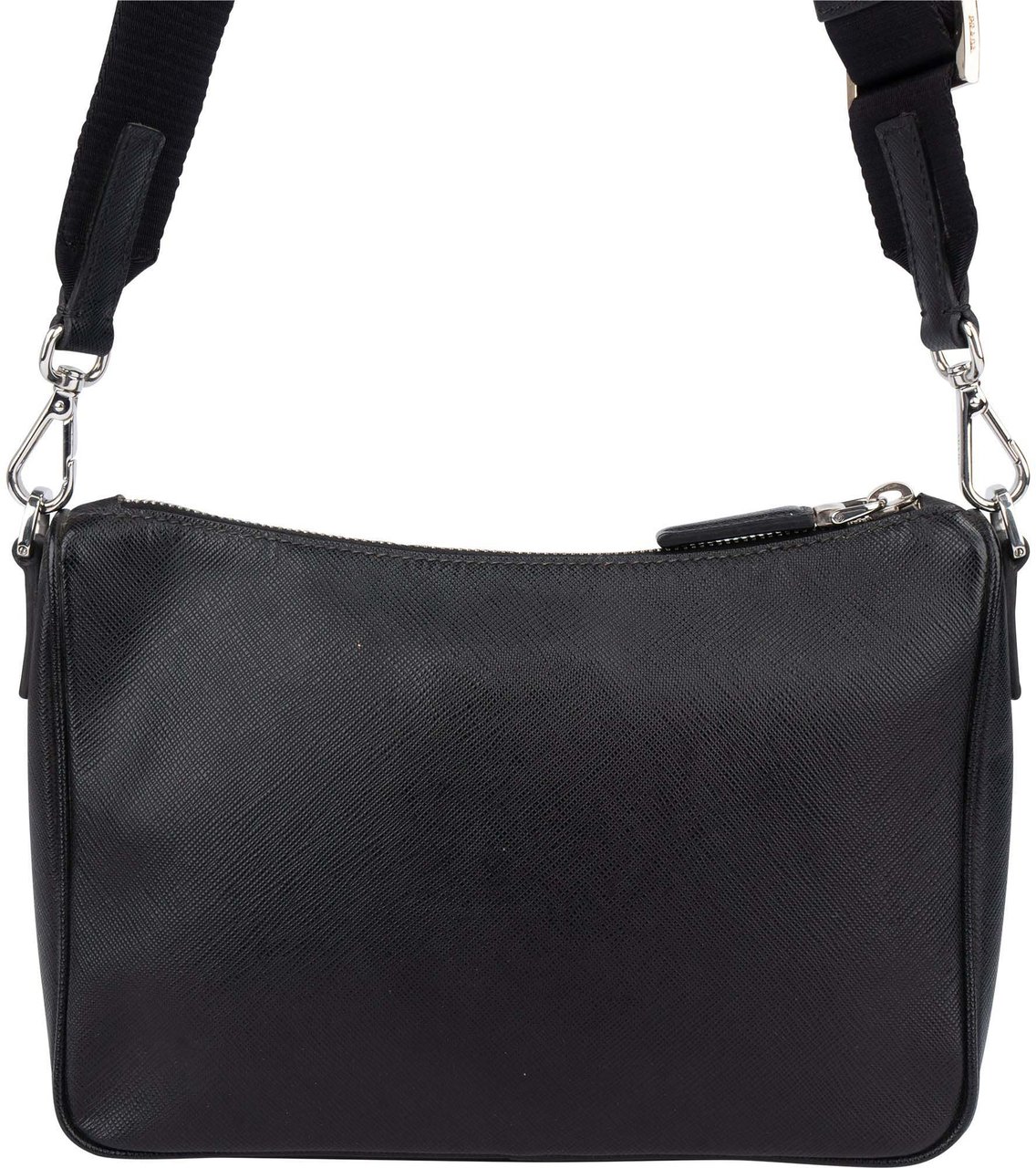 Prada Prada Black Saffiano Leather Triangle Vitello Crossbody Bag Zwart