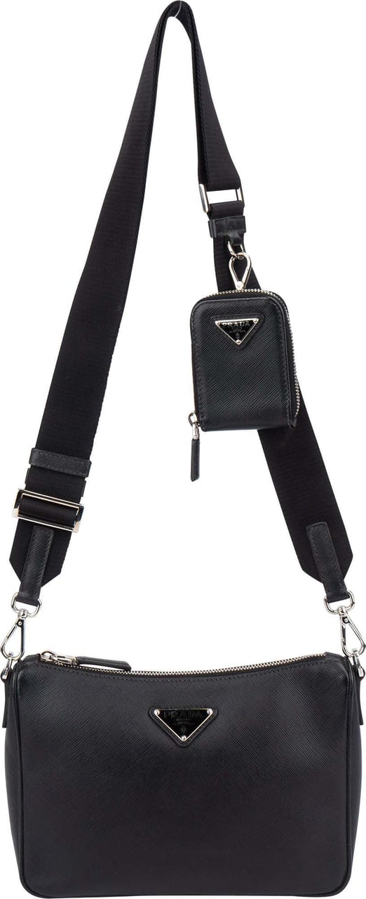 Prada Prada Black Saffiano Leather Triangle Vitello Crossbody Bag Zwart