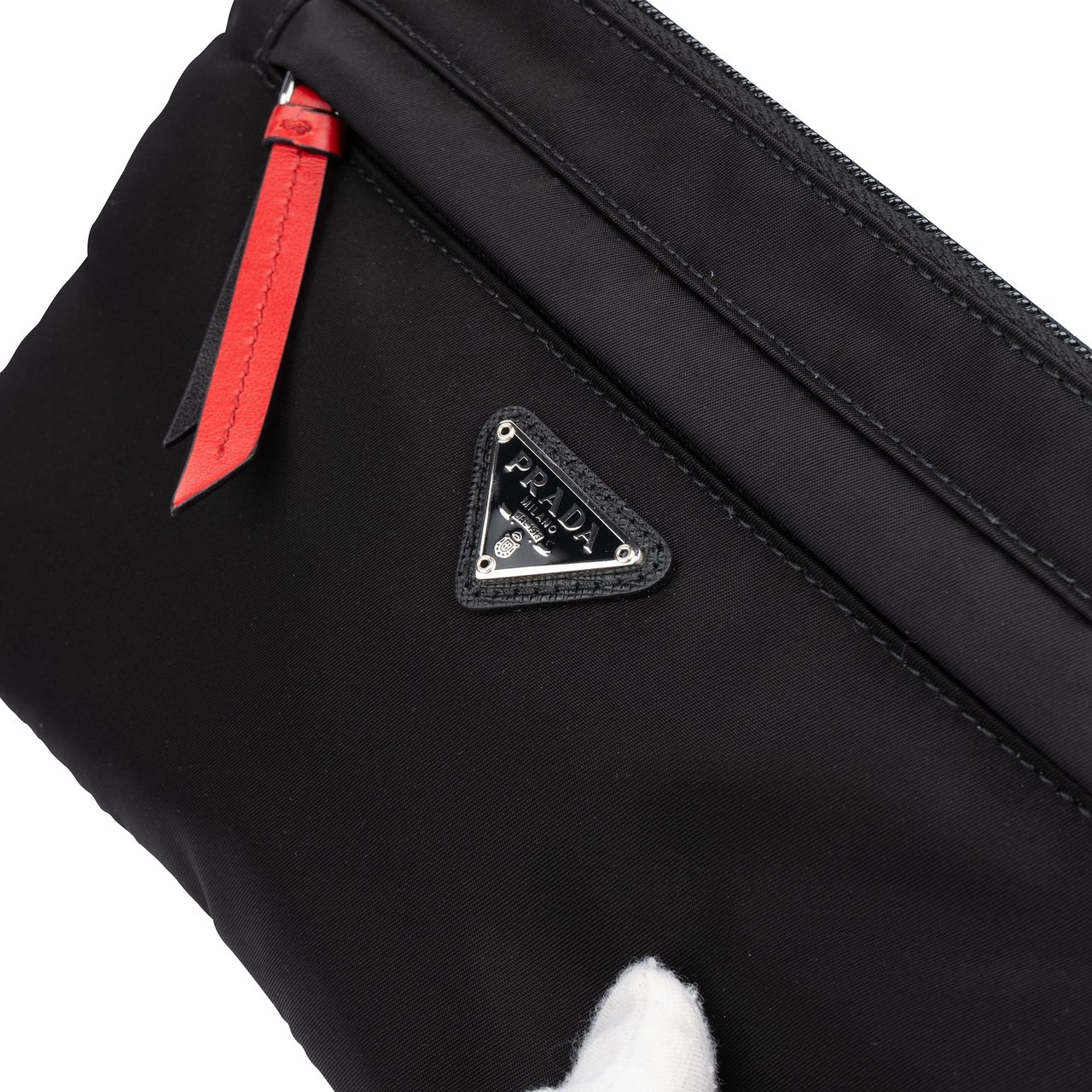 Prada Prada Black Triangle Nylon Spikes Clutch Zwart