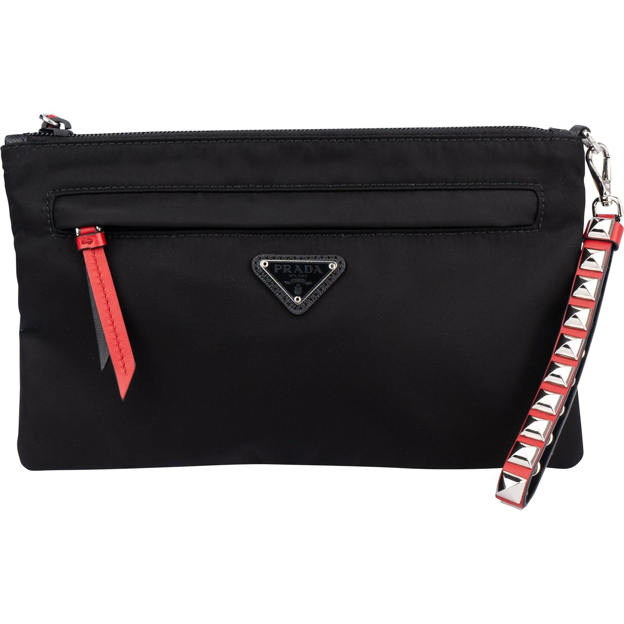 Prada Prada Black Triangle Nylon Spikes Clutch Zwart