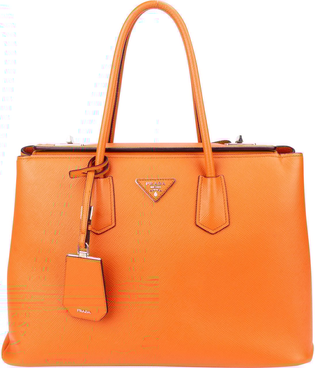 Prada Prada Orange Saffiano Leather Turnlock Double Handbag Oranje