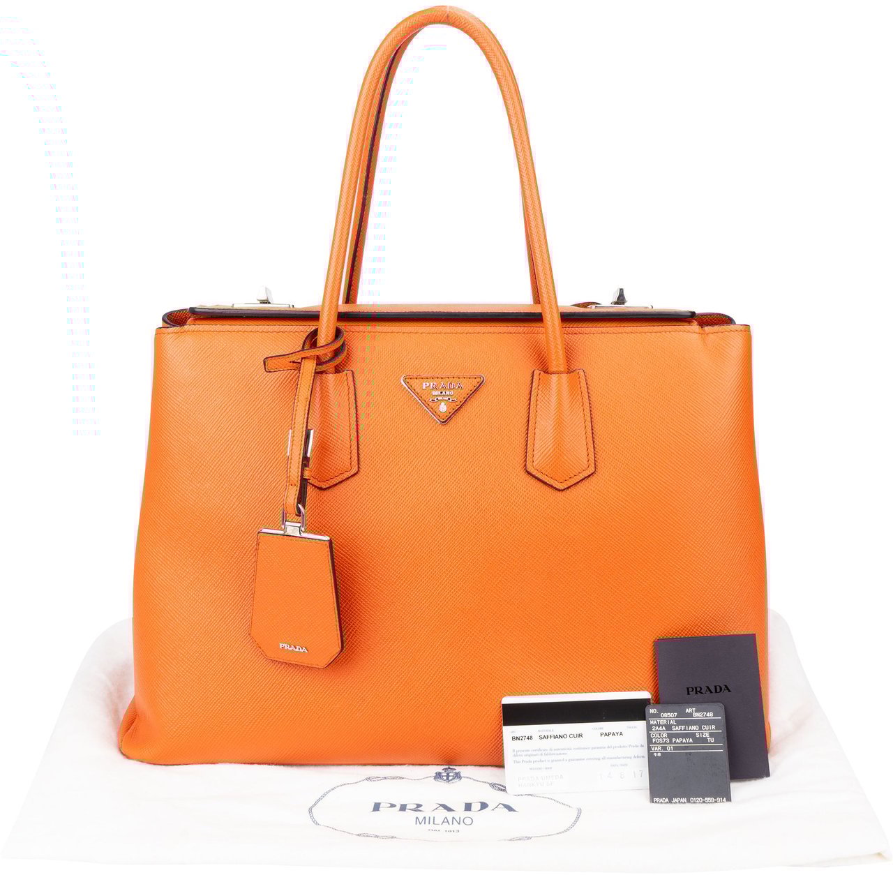 Prada Prada Orange Saffiano Leather Turnlock Double Handbag Oranje