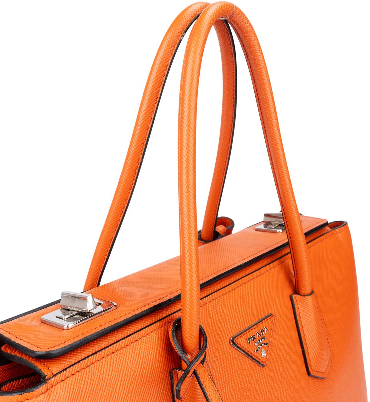 Prada Prada Orange Saffiano Leather Turnlock Double Handbag Oranje