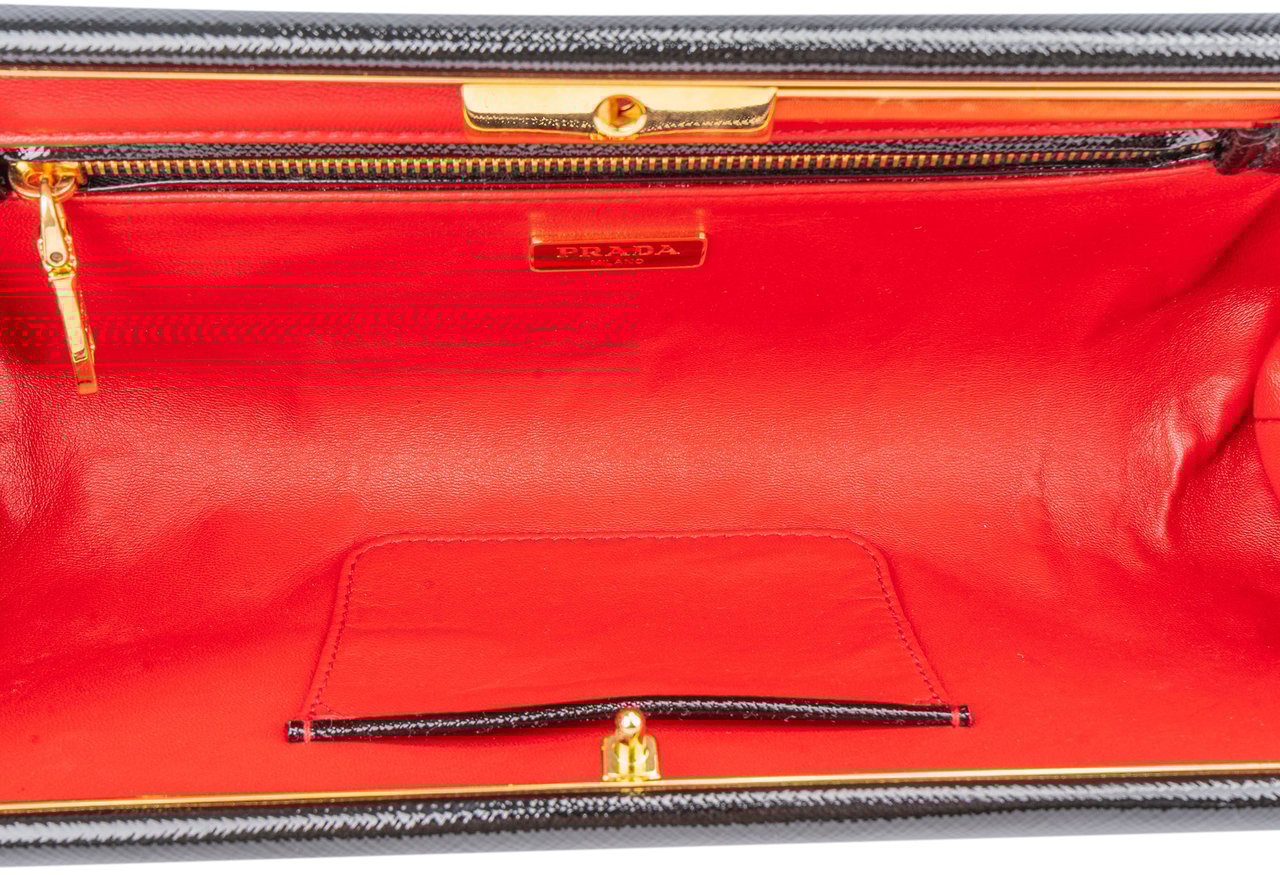 Prada Prada Black Patent Saffiano Leather East-West Bag Zwart