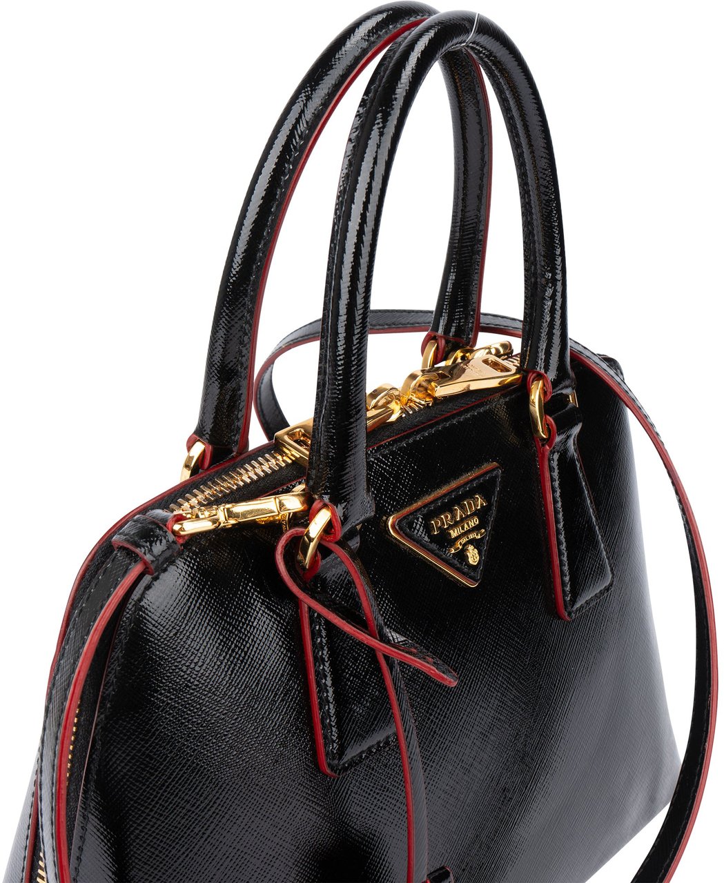 Prada Prada Patent Leather Red Lining Vitello Handbag Zwart