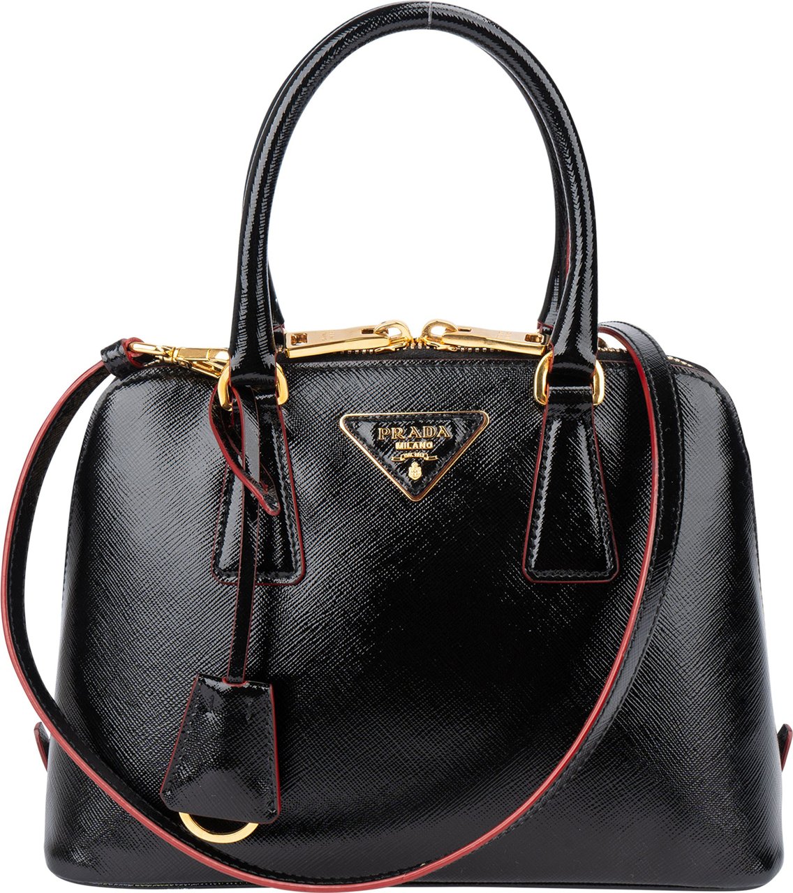 Prada Prada Patent Leather Red Lining Vitello Handbag Zwart