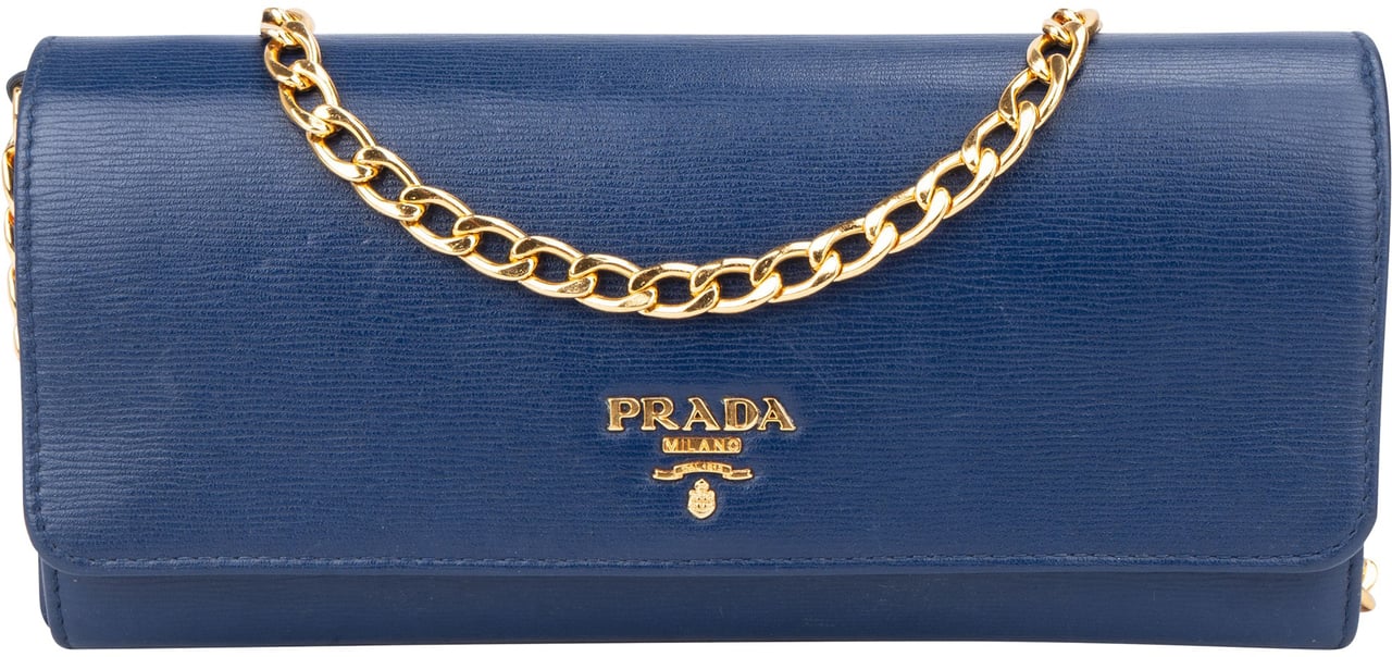 Prada Prada Blue Leather Wallet On Chain Crossbody Bag Blauw