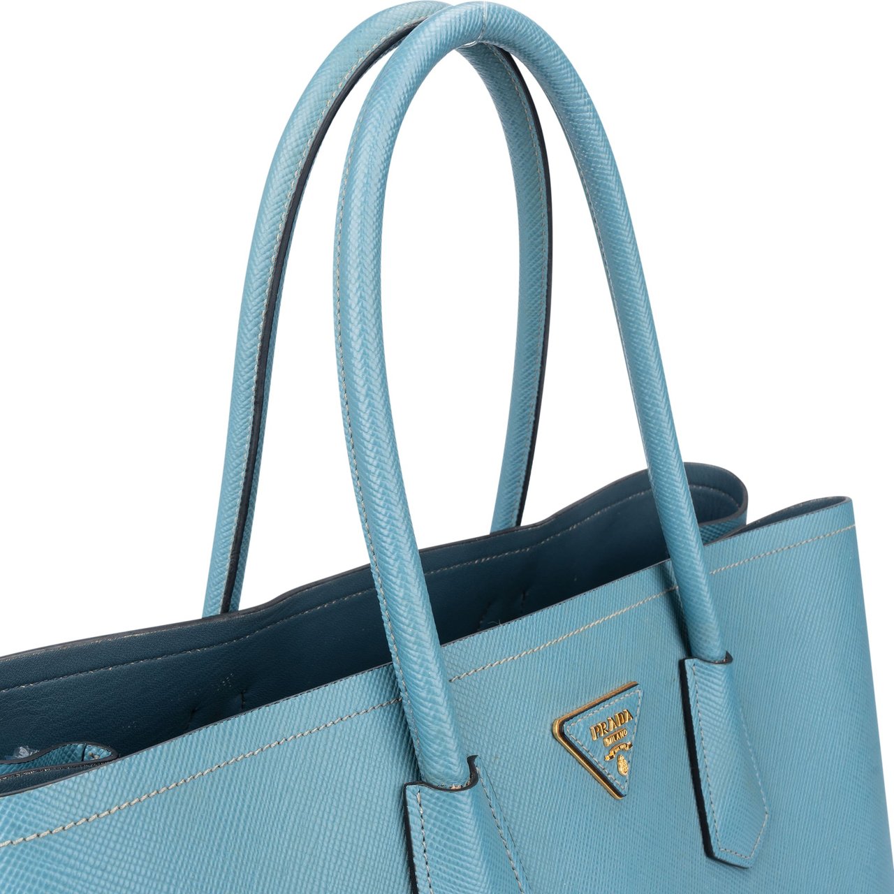 Prada Blue Saffiano Leather Double Handbag Blauw