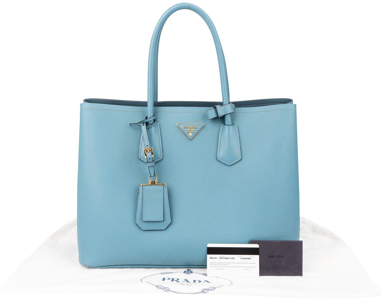 Prada Blue Saffiano Leather Double Handbag Blauw