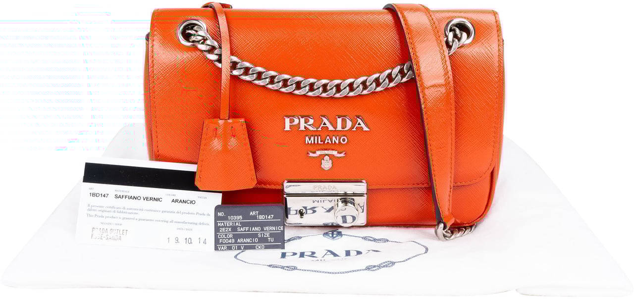 Prada Prada Patent Leather Saffiano Lock Crossbody Bag Oranje