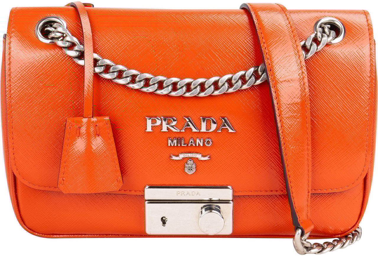 Prada Prada Patent Leather Saffiano Lock Crossbody Bag Oranje