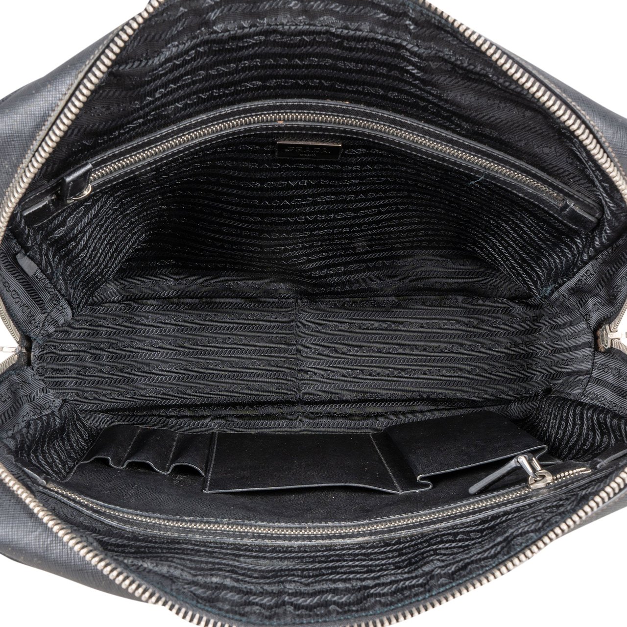 Prada Prada Black Saffiano Leather Triangle Business Handbag Zwart
