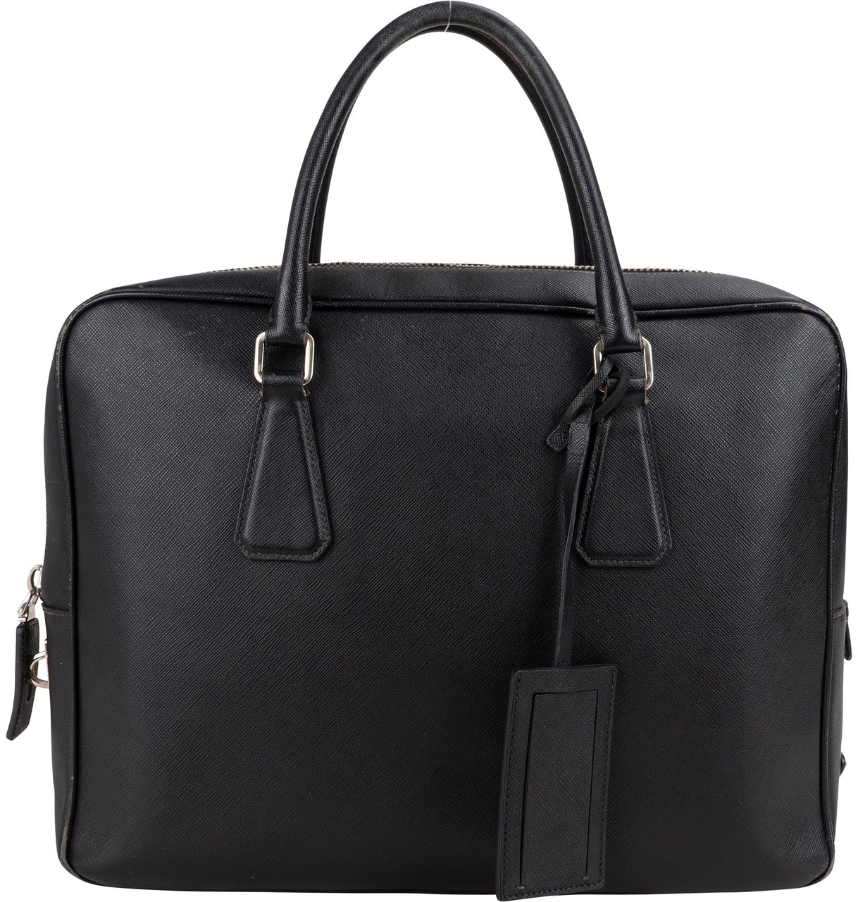 Prada Prada Black Saffiano Leather Triangle Business Handbag Zwart