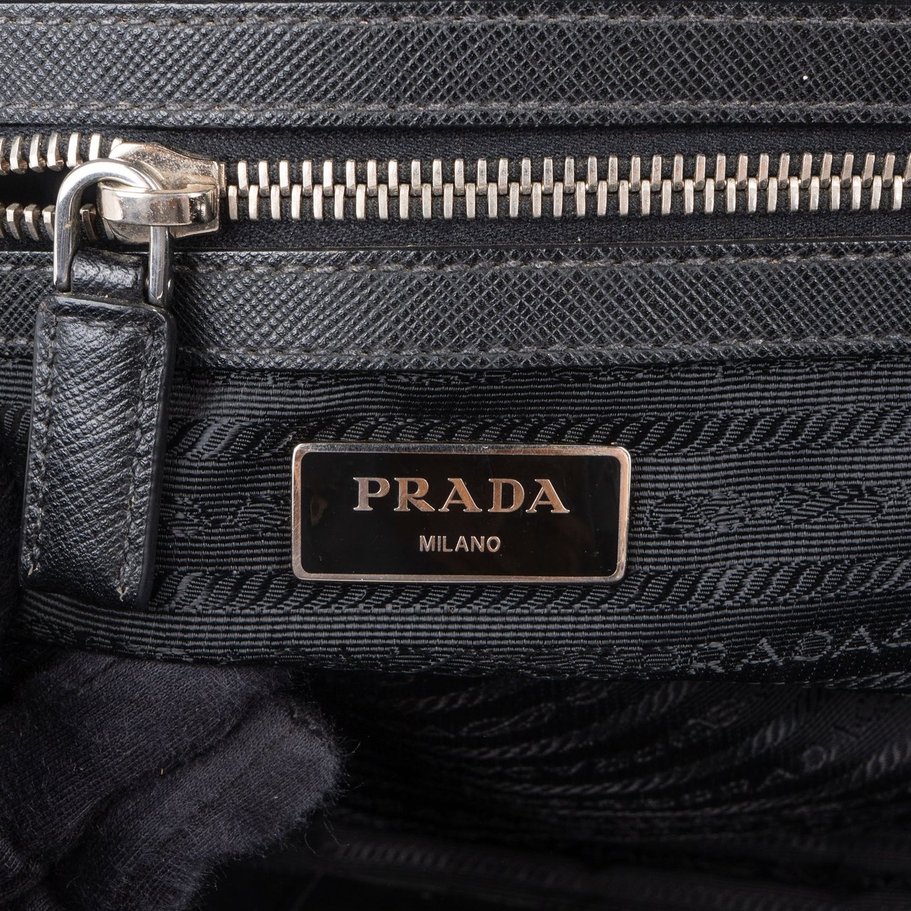 Prada Prada Black Saffiano Leather Triangle Business Handbag Zwart