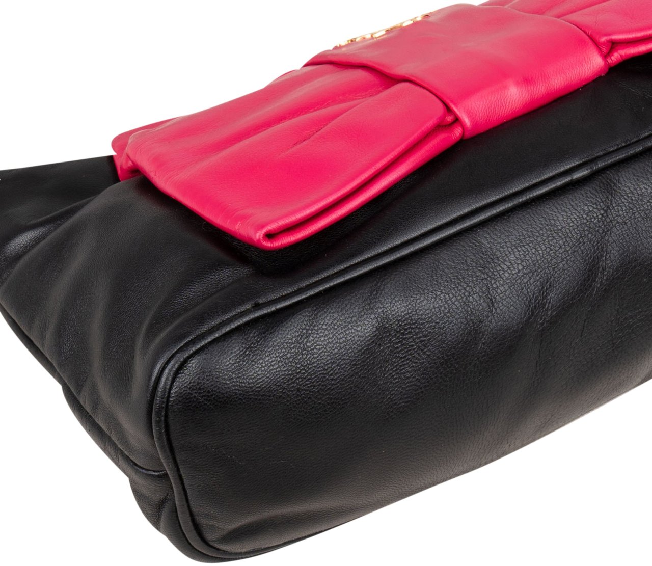 Prada Prada Leather Pink Ribbon Mini Handbag Zwart