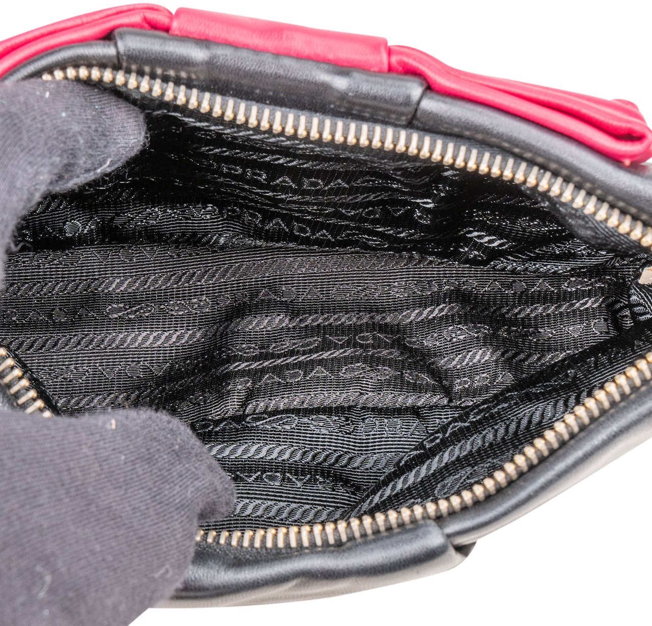 Prada Prada Leather Pink Ribbon Mini Handbag Zwart