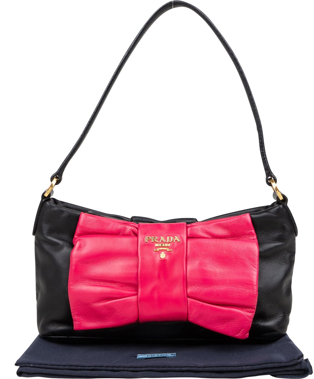 Prada Prada Leather Pink Ribbon Mini Handbag Zwart