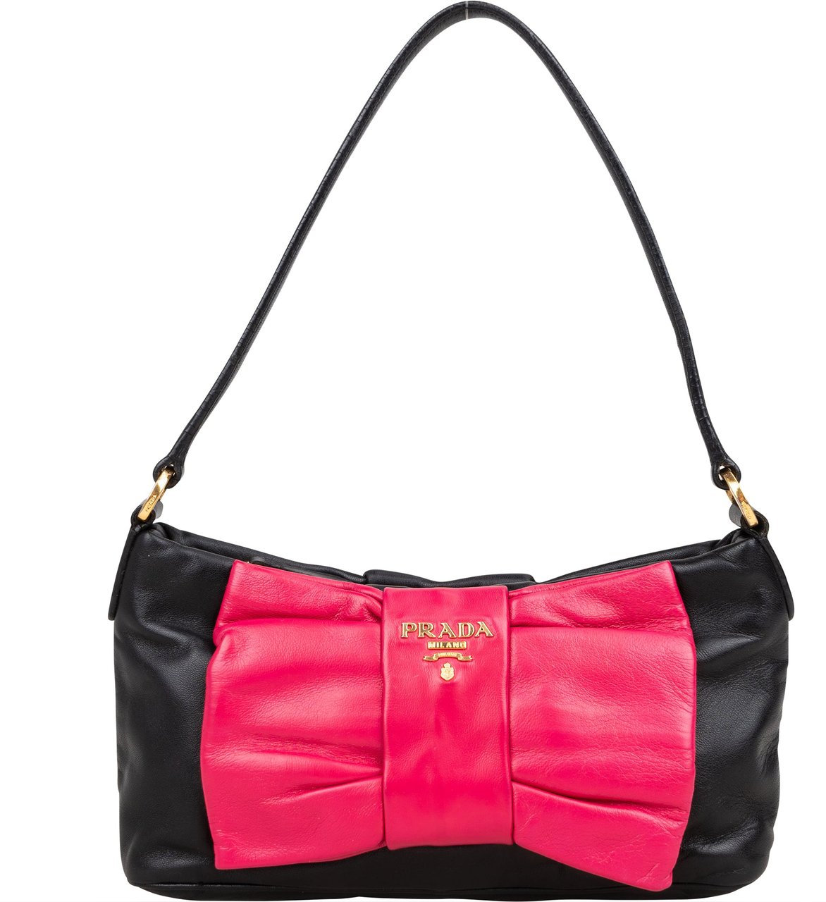 Prada Prada Leather Pink Ribbon Mini Handbag Zwart