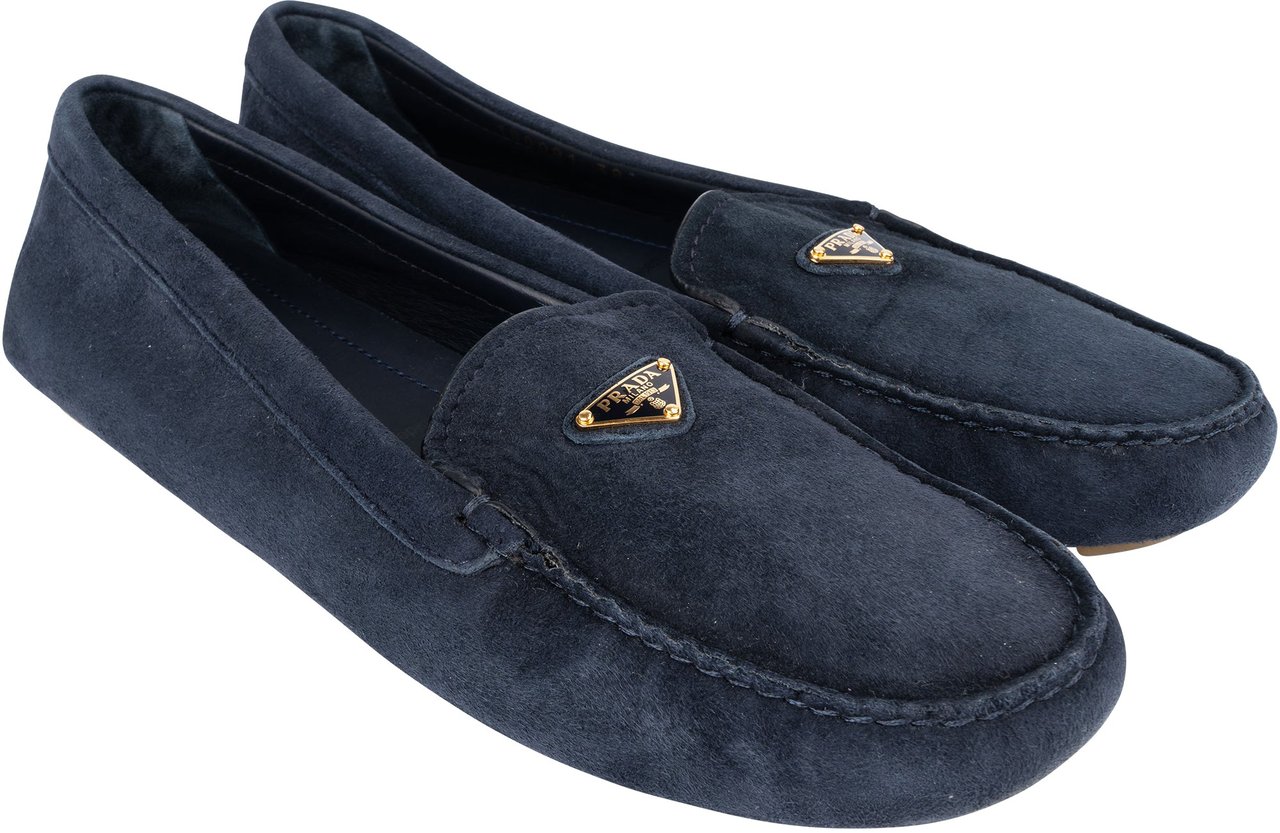 Prada Prada Bleu Suede Triangle Mokassins (38) Blauw