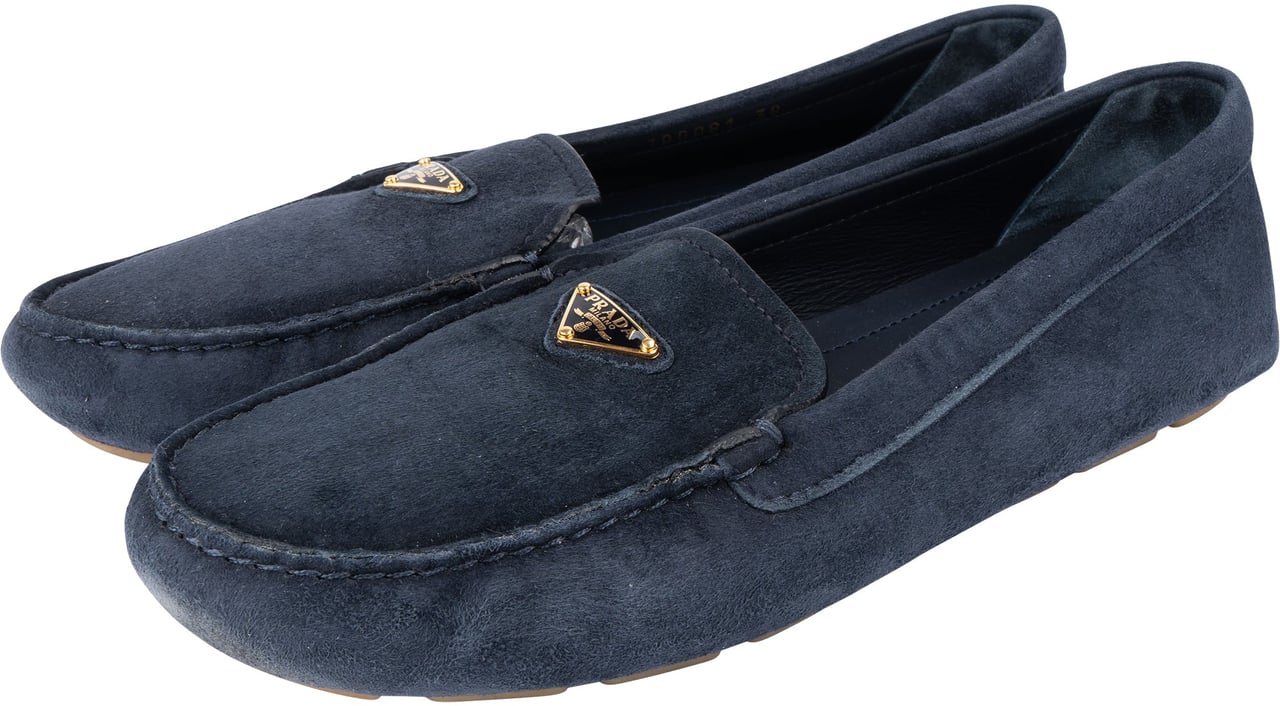 Prada Prada Bleu Suede Triangle Mokassins (38) Blauw
