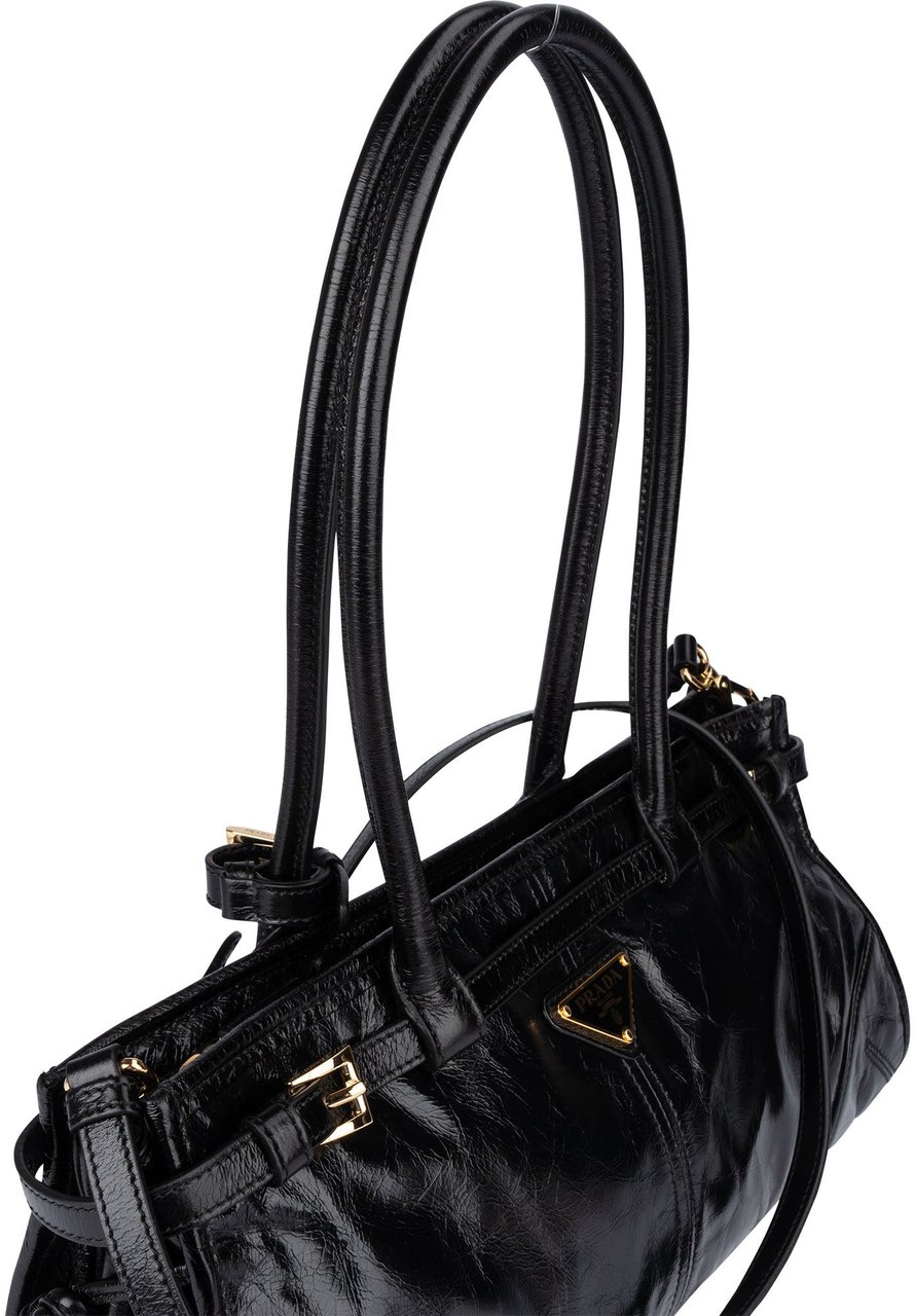 Prada Prada Black Leather Triangle Bonnie Shoulder Bag Zwart