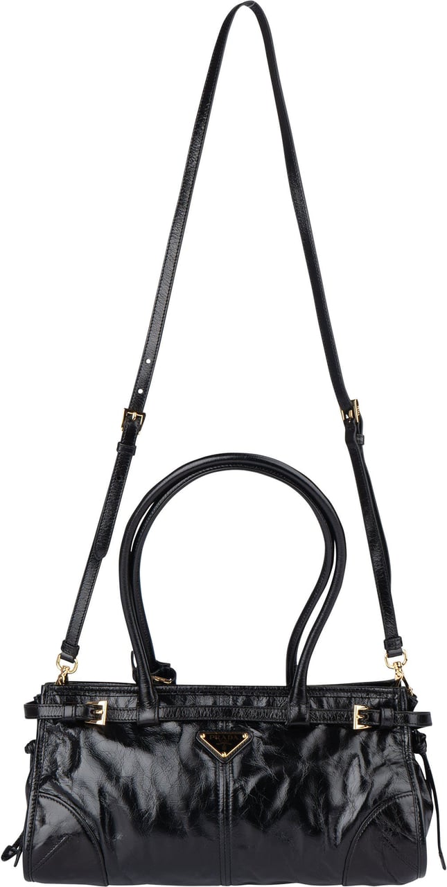 Prada Prada Black Leather Triangle Bonnie Shoulder Bag Zwart