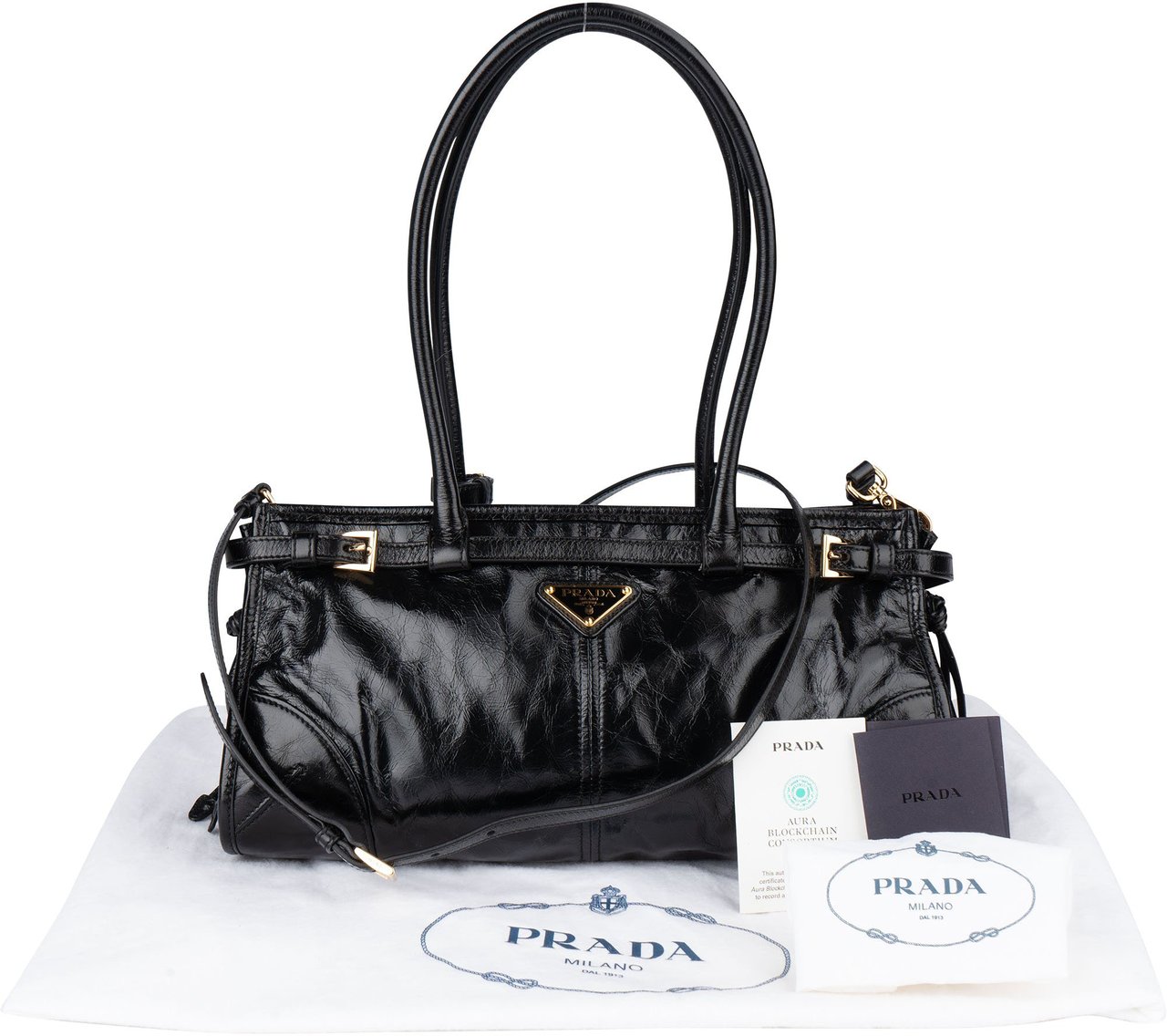 Prada Prada Black Leather Triangle Bonnie Shoulder Bag Zwart