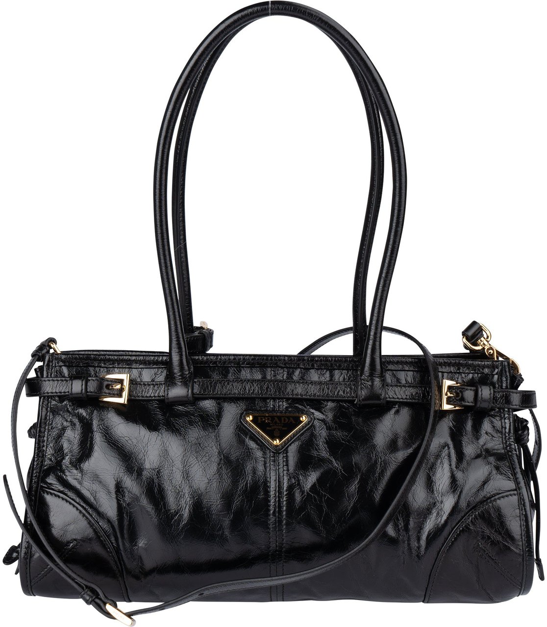 Prada Prada Black Leather Triangle Bonnie Shoulder Bag Zwart