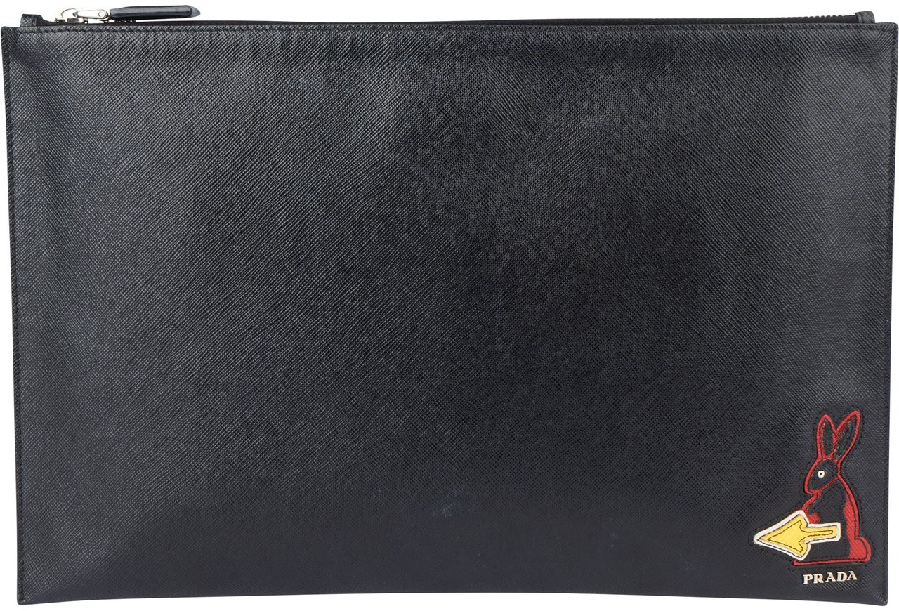 Prada Prada Black Saffiano Leather Rabbit Clutch Zwart